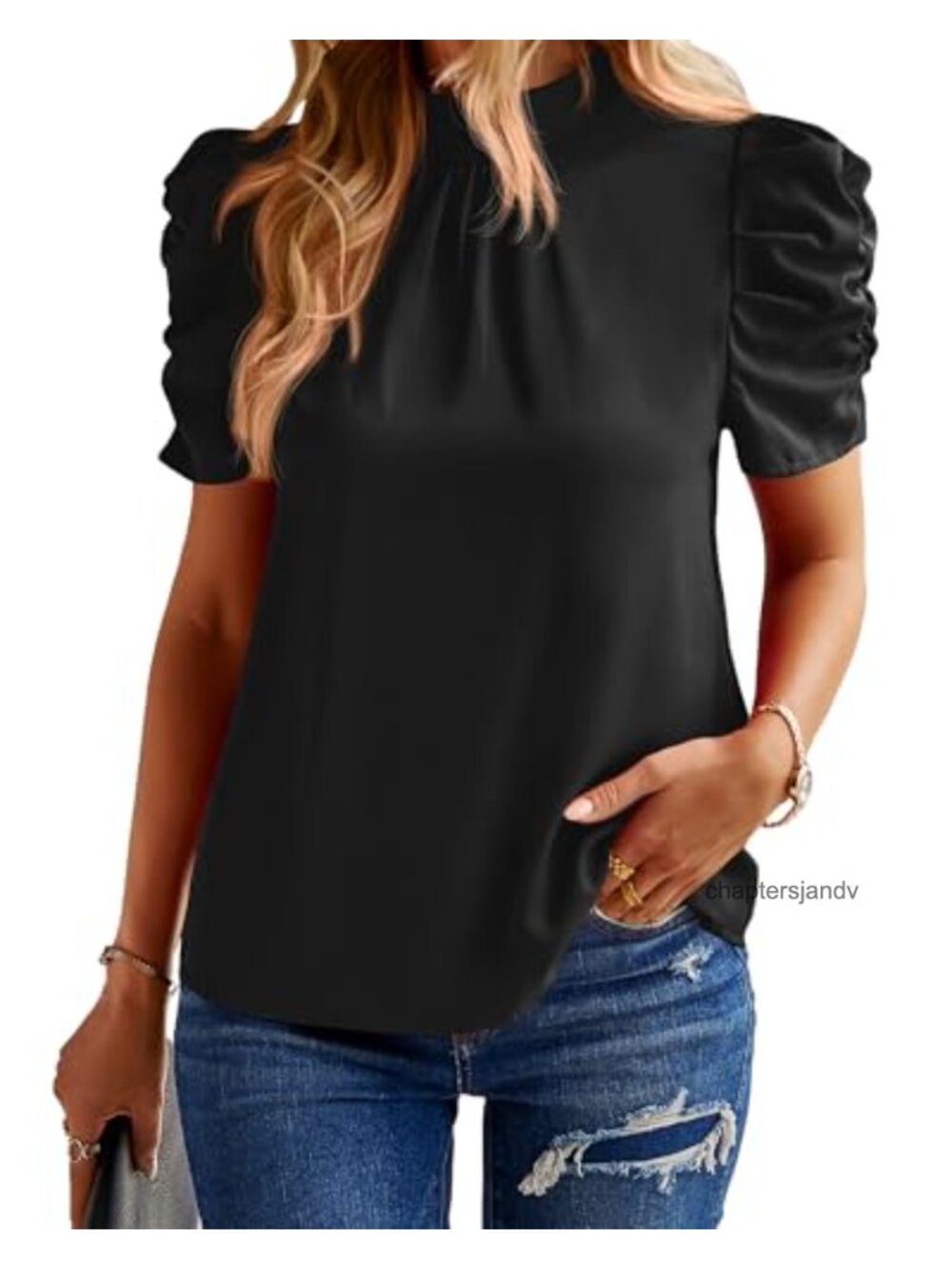 Women Floral Boho Mock Neck Blouse Puff Sleeve Keyhole Back